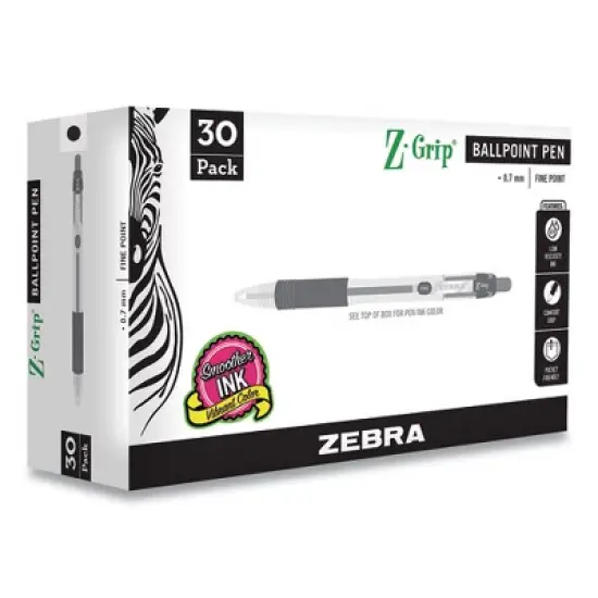Zebra Z-Grip Ballpoint Pen, Retractable, Medium 0.7 mm, Black Ink, Clear/Black Barrel, 30/Pack image {1}