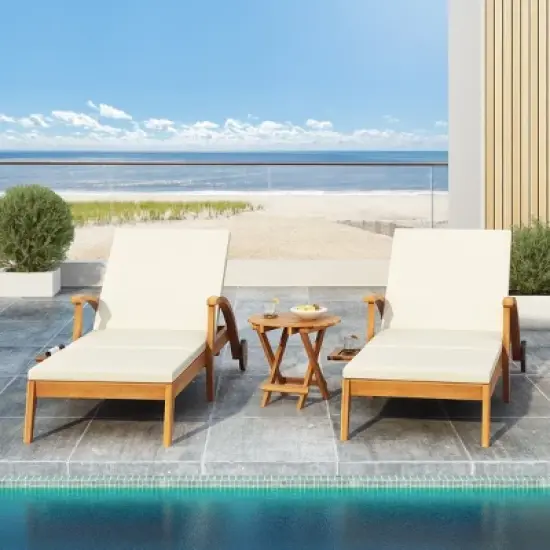 Acacia Wood Chaise Lounge Chair with Wheels,4-Position Adjustable Outdoor Chaise Lounge with Cushion for Patio or Poolside-Cuddlewood image {2}