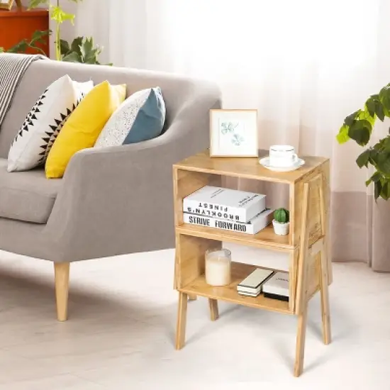 Costway Set of 2 Bamboo Nightstand Stackable Sofa Table Bedside Table with Storage Shelf image {3}