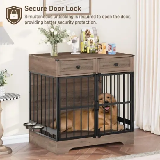 35"W Dog Kennel with Drawers, Pet Cage End Table with 2 Adjustable Bowls, Dog Crate Furniture, Brown image {4}