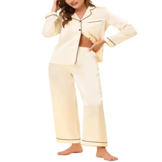 cheibear Womens Pajama Lounge Sleepwear Button Down Tops and Pants Satin Pjs Set image {5}