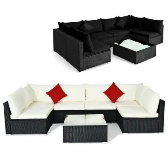 Costway 7PCS Patio Rattan Furniture Set Sectional Sofas Off White & Black Cushion Covers image {8}