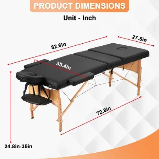 FDW Massage Table Massage Bed Heigh Adjustable 3 Fold 82" Massage Table W/Sheet Cradle Cover 2 Bolster Hanger Portable Facial Salon Tattoo Bed,Black image {6}