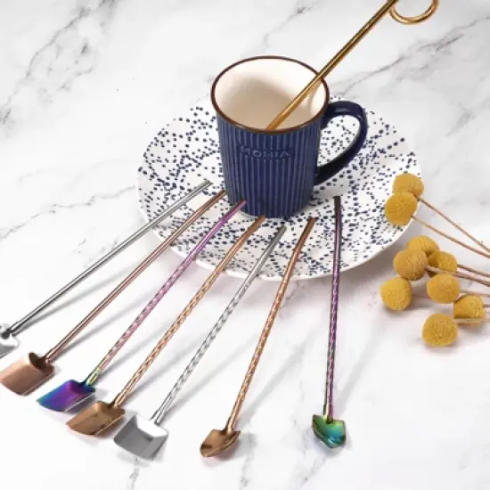 Unique Bargains Stainless Steel Reusable Long Handle Shovel Shaped Spoon Straws 4 Pcs image {4}
