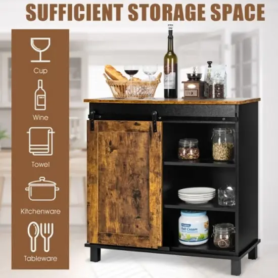Costway Kitchen Buffet Storage Cabinet Sideboard w/Sliding Barn Door Wine Rack image {8}