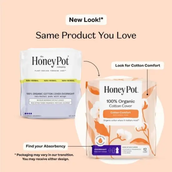 The Honey Pot Company, Non-Herbal Overnight Pads with Wings, Organic Cotton Cover - 12 ct image {2}