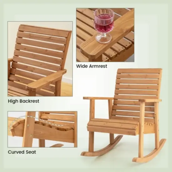 Tangkula 2 PCS Wooden Rocking Chair High Back Fir Wood Armchair Natural Garden Yard Patio image {2}