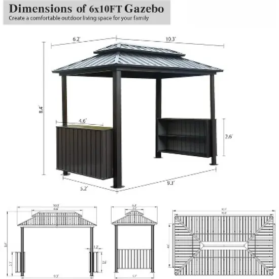 DOMETOUR 6x10FT Hardtop Grill Gazebo with Double Steel Roof, 2 Cabinets & Ceiling Hooks for Patio, Backyard, Lawn, Brown image {2}