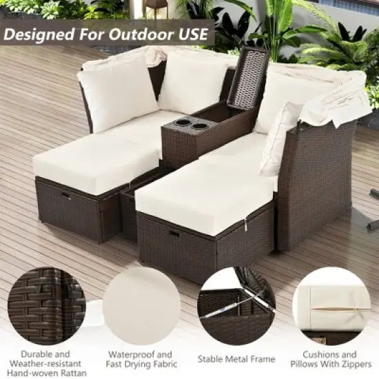 YOOCOZZ 2-Seater Outdoor Daybed with Foldable Awning & Cushions image {2}