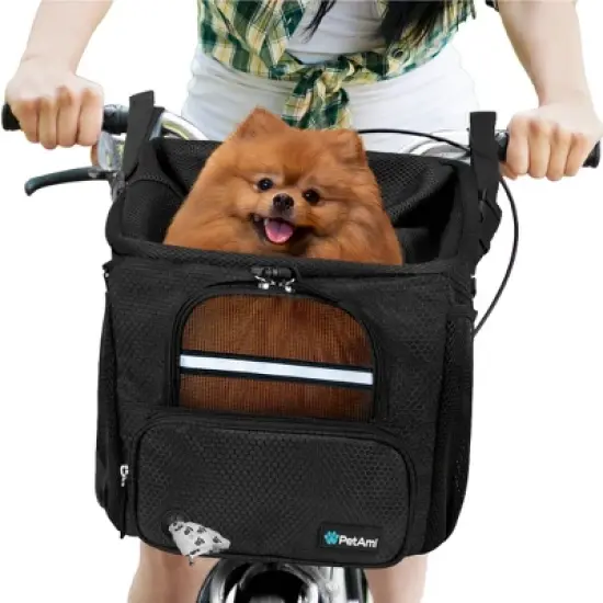 PetAmi Dog Bike Basket, Soft-Sided Ventilated Carrier Backpack, Pet Bicycle Handlebar Puppy Cat Kitten, Car Booster Seat Safety Strap image {9}