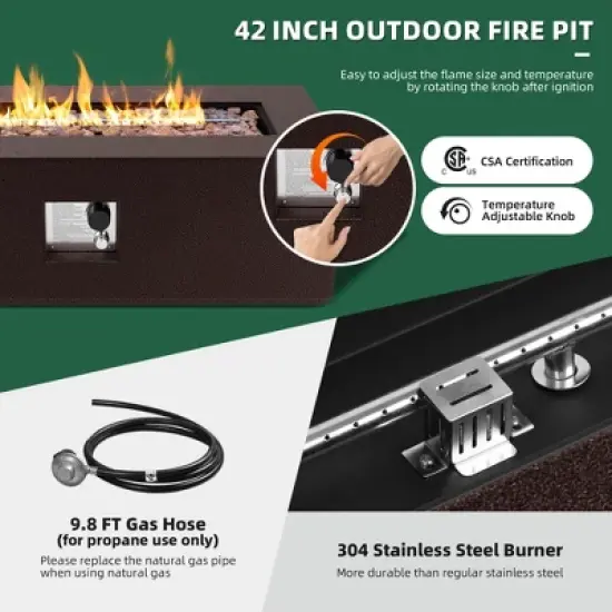 UPHA 42"  Outdoor Propane Fire Pit Coffee Table, Rectangular Patio Heater w 50,000 BTU Stainless Steel Burner, Tank Table and Rain Cover image {4}