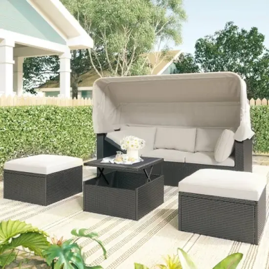 4pc Outdoor Wicker Rectangle Daybed with Canopy & Cushions - Beige - GODEER image {1}