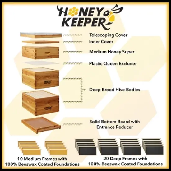 Honey Keeper Beehive 10 Frame 100% Beeswax Coated Box Kit with Wooden Frames and Waxed Foundations image {1}