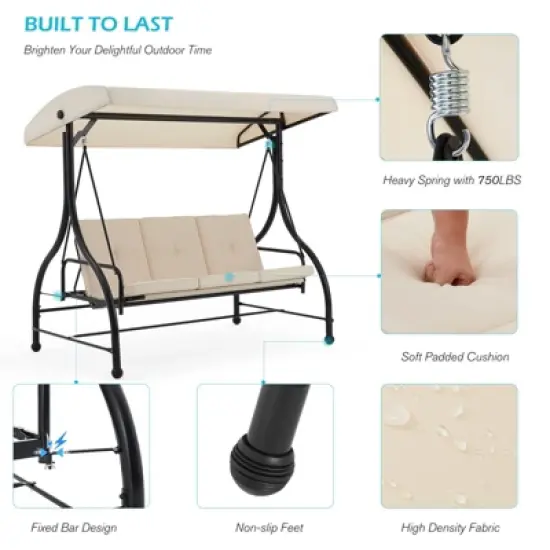 COWLOWN Beige Convertible Porch Swing Chair with Canopy, Adjustable Backrest, Patio Daybed with Cushions for Adults image {5}