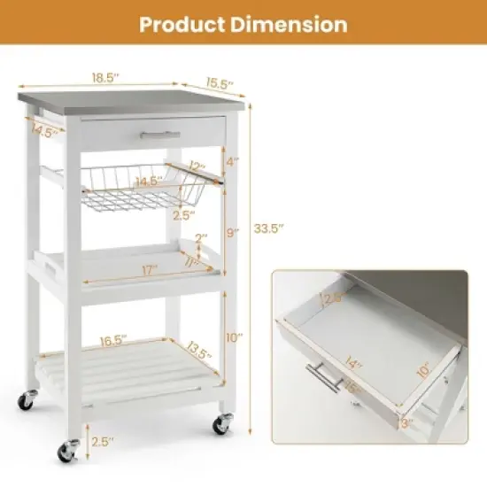 Costway Compact Kitchen Island Cart Rolling Service Trolley withStainless Steel Top Basket image {2}