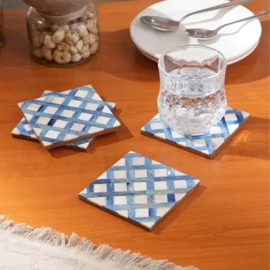 White/Blue Dyed Bone Inlaid Square Coaster Set-4x4in image {5}
