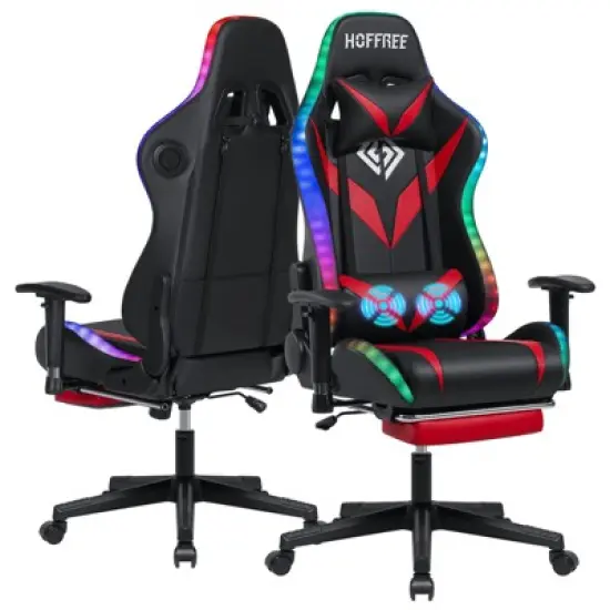 Hoffree Massage Reclining Gaming Chair Ergonomic Office PC Chair with Bluetooth Speaker & RGB Light image {14}