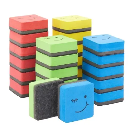 Juvale 24 Pack Magnetic Mini Dry Erase Erasers for Classroom Whiteboard, School Supplies, Smiley Face, 4 Colors, 2 x 0.7 In image {8}