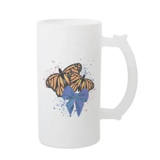 Elanze Designs Freezable Beer Stein Mug With Thumb Grip Handle, 16 Ounce Frosted Glass, Orange Monarch Butterflies image {1}