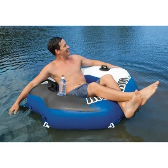 Intex River Run Single Person Inflatable Connecting Floating Lounge Tube Backrest Chair with Built-In Cupholders and Mesh Bottom, Blue image {3}