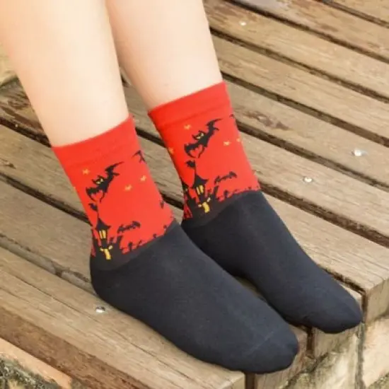 Red Bats and Ghost Over a Haunted House Socks from the Sock Panda - Great for Halloween (Women's Sizes, Adult Medium) image {3}