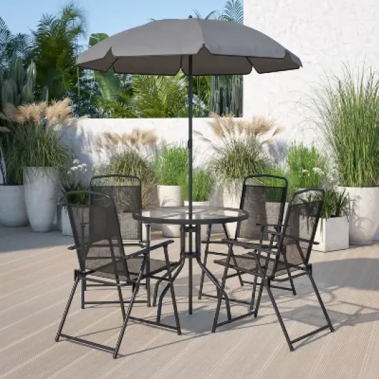 Flash Furniture Nantucket 6 Piece Patio Garden Set with Table, Umbrella and 4 Folding Chairs image {1}