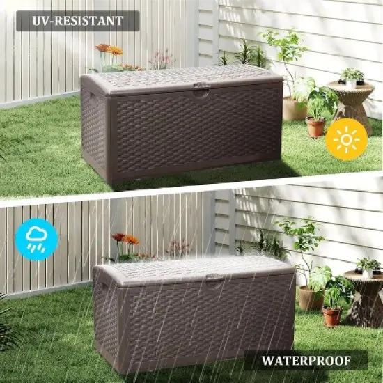 80 gallon professional lockable resin deck box, waterproof outdoor storage box for terrace furniture and garden tools, Brown, Blow molded image {3}