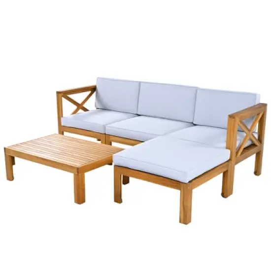 FIONECA Outdoor 5-Piece Wooden Sectional Sofa Set, Backyard Patio Seating Group with Cushions, Natural Wood Finish + Gray Cushions image {11}