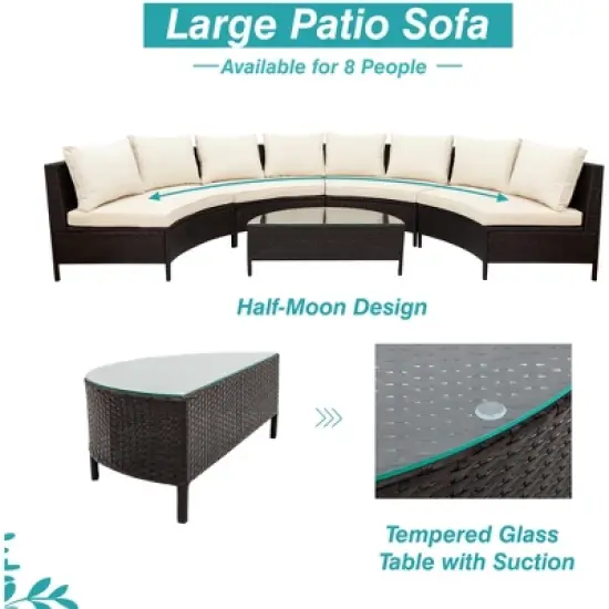5 PCS Outdoor Rattan Conversation Set, Half-Moon Patio Wicker Seating Group Sofa Set with Tempered Glass Table-ModernLuxe image {4}