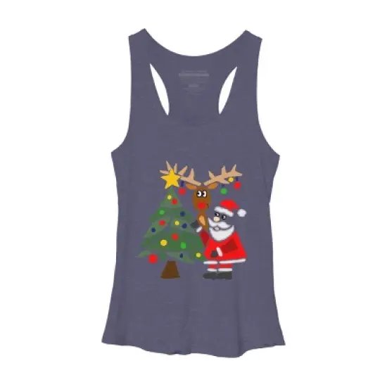 Women's Design By Humans Funny Cute Santa Claus and Christmas Reindeer by Tree By SmileToday Racerback Tank Top image {4}