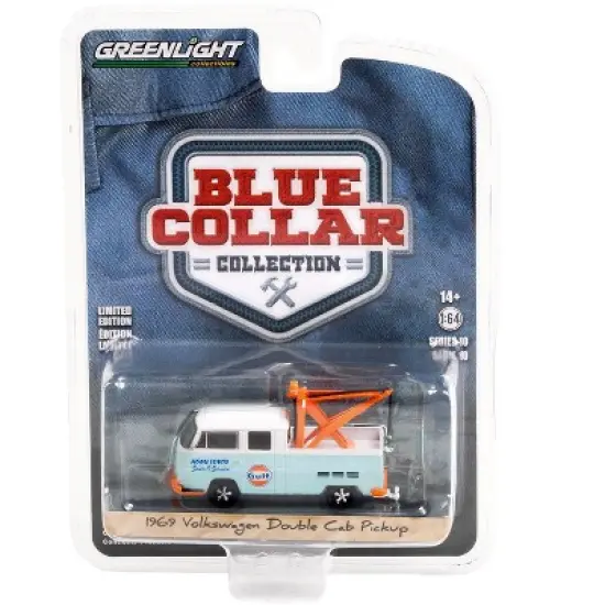1969 Volkswagen Double Cab Tow Truck w/Tow Hook Light Blue & White Gulf Oil Sales & Service 1/64 Diecast Model Car by Greenlight image {2}