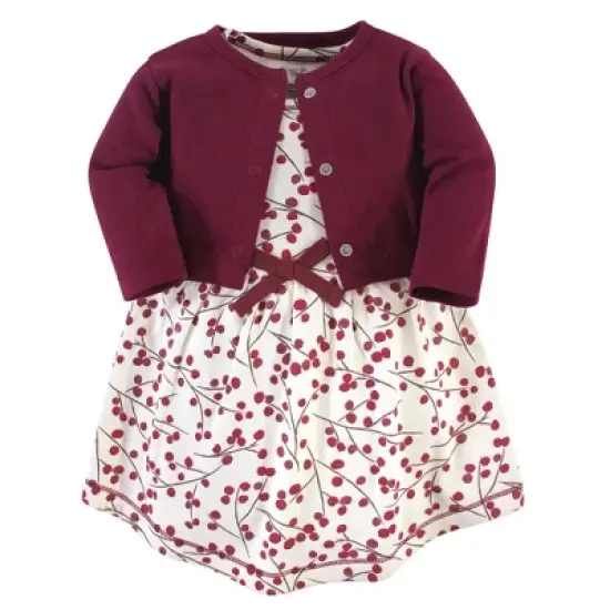 Touched by Nature Baby and Toddler Girl Organic Cotton Dress and Cardigan 2pc Set, Berry Branch image {4}