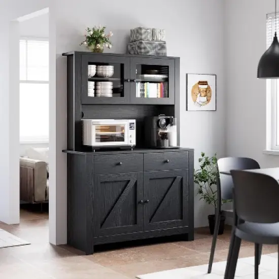 Kitchen Pantry Storage Cabinet with Microwave Stand & Coffee Bar Cabinet,Freestanding Hutch Cabinet with 4Doors image {3}