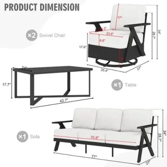 YARDSIGHT 4-Piece Outdoor Patio  Conversation Set with Sofa, Armchairs & Coffee Table, Weather-Resistant Cushions for Backyard, Deck, Poolside image {2}