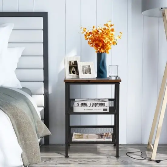 Costway 3-Tier Industrial End Side Table Nightstand W/2 Adjustable Shelves Rustic Brown image {3}