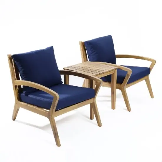 LuxenHome Outdoor Acacia Wood Side Table and Set of 2 Armchairs with Blue Cushions image {9}