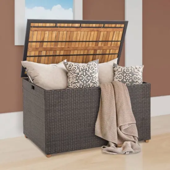 WELLFOR 134gal Patio Storage Bench PE Rattan Storage Box with Solid Wood Top image {3}