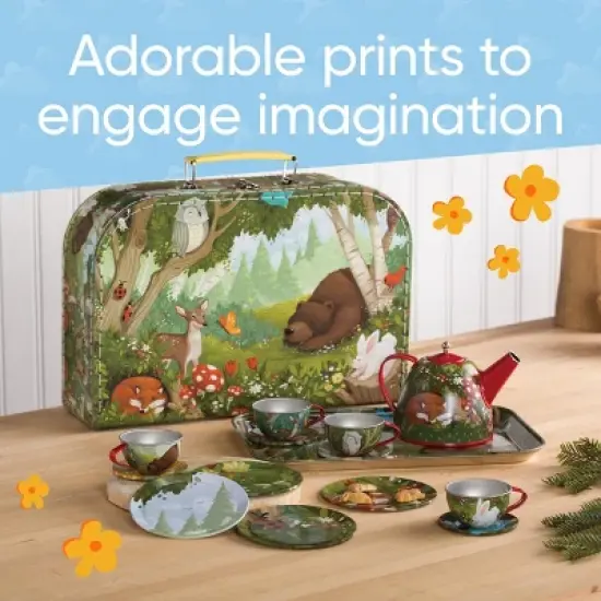 HearthSong 15-Piece Woodland-Themed Tin Tea Set for Kids With Carrying Case image {4}