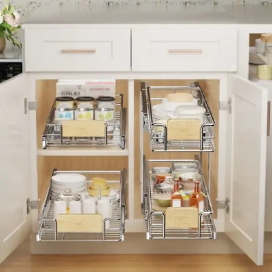 LOVMOR 2 Tier Pull Out Cabinet Organizer 10&frac12;" W x 21&frac12;" D, Slide Out Drawers with Wooden Handle, Sliding Shelves Organization image {5}