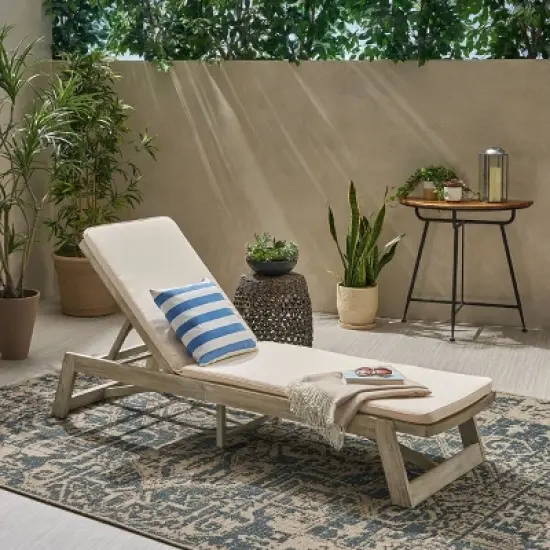 Maki Acacia Wood Chaise Lounge Light Gray/Cream - Christopher Knight Home: Weather-Resistant, Adjustable Back image {1}