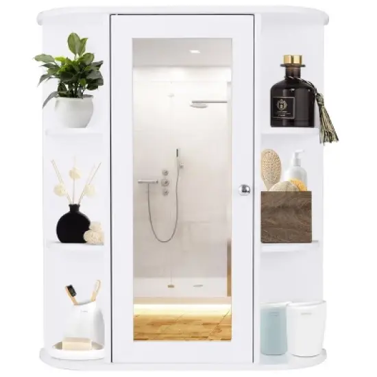 Costway Bathroom Cabinet Single Door Shelves Wall Mount Cabinet W/ Mirror Organizer image {3}