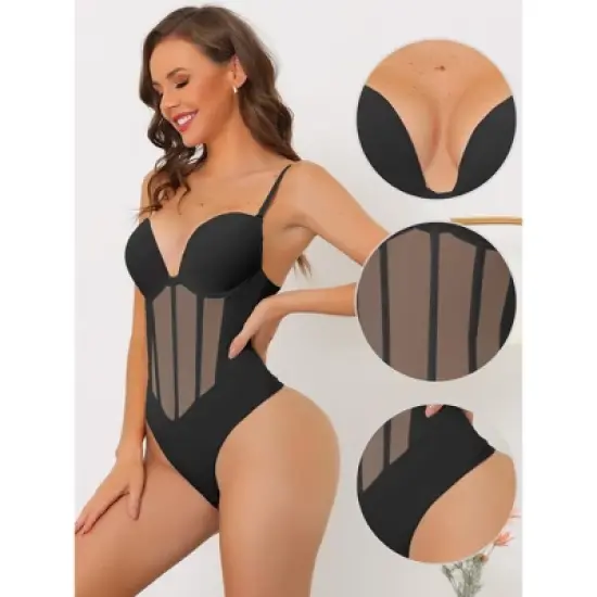 Allegra K Women's Mesh Panel Tummy Control Sculpting Leotard with Adjustable Straps image {2}