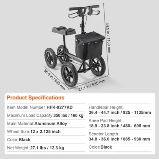 VEVOR Folding Knee Scooter, Aluminum Steerable Knee Walker with Height-Adjustable Handlebar & Knee Pad, 12" All-Terrain Wheels, Dual Brakes, 350LBS image {7}
