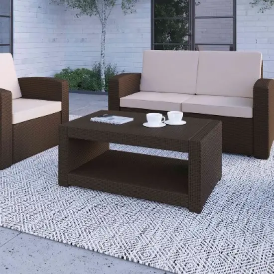 Merrick Lane Outdoor Furniture Coffee Table Chocolate Brown Faux Rattan Wicker Pattern All-Weather Patio Coffee Table With Shelving image {2}