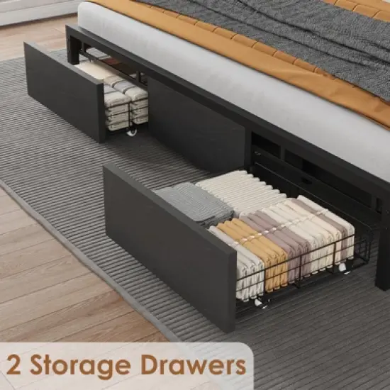 Bed Frame with Storage Headboard, Industrial Full Platform Bed with 2 Large Drawers and Charging Station, Black image {4}