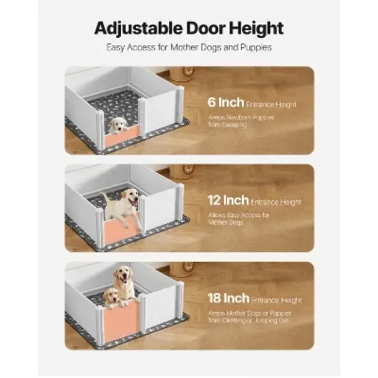 VEVOR Dogs Whelping Box, 48 x 48 x 18.1 inch, Plastic PVC Puppies Playpen with Height Adjustable Door and Washable Pee Pad, Milk White image {4}