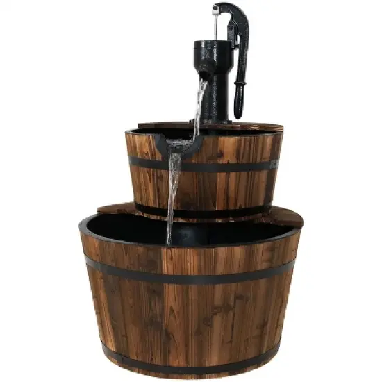 Sunnydaze Electric Fir Wood 2-Tier Farmhouse Barrel with Metal Decorative Hand Pump Outdoor Water Fountain image {9}