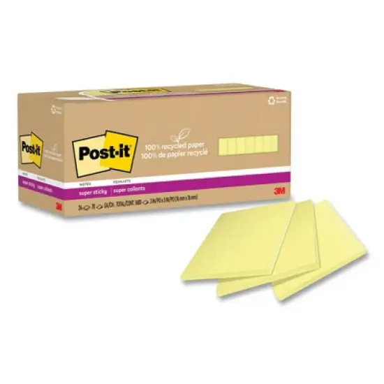 Post-it Notes Super Sticky 100% Recycled Paper Super Sticky Notes, 3" x 3", Canary Yellow, 70 Sheets/Pad, 24 Pads/Pack image {1}