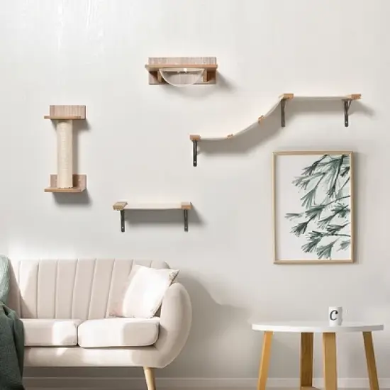 PawHut Indoor Cat Activity Tree 4-Piece Set, Mounted Pet Climbing Perches, Kitten Center with Feeding Station, Hammock Stairs, Scratching Post, Jumping Platform, Beige image {1}