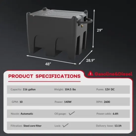 Portable Fuel Tank - 116 Gallon with 12V Electric Transfer Pump (10.6 GPM), Auto Shut-Off Nozzle, 360&deg; Swivel Hose for Truck/Tractor/Farm/Marine image {6}